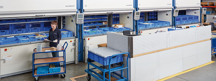 A wide range of small parts are stored in four space-saving Hänel Lean-Lifts® before they are picked for shipment